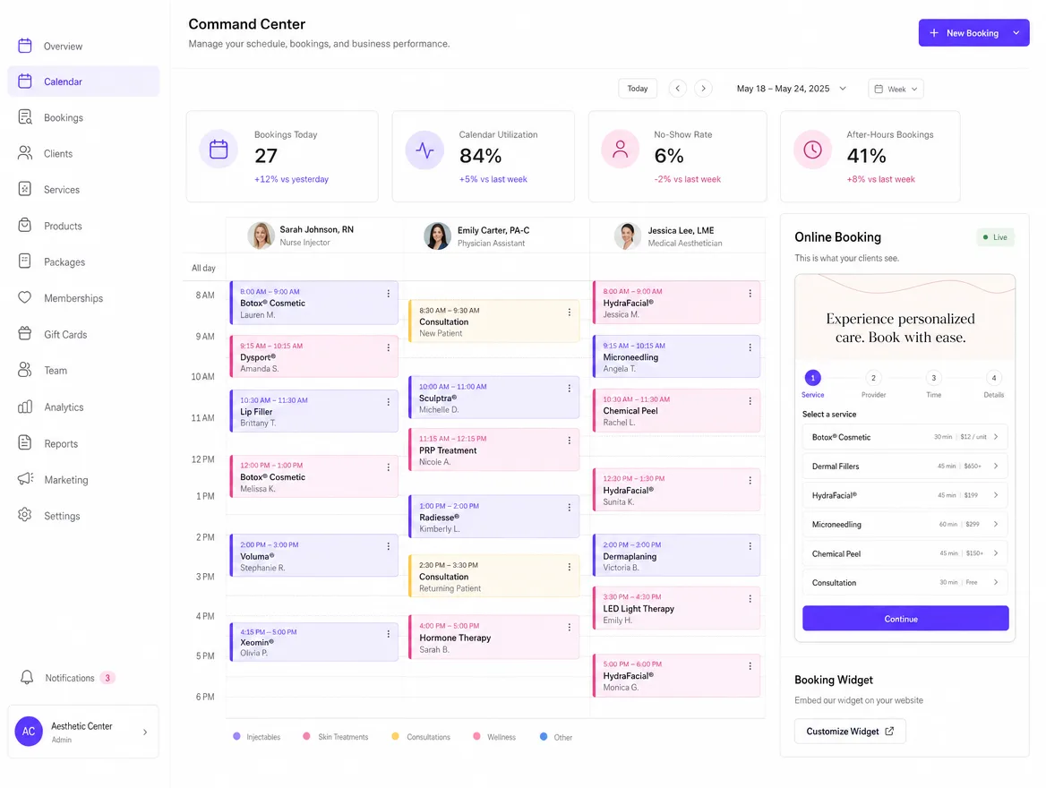 Med spa online booking command center: a multi-provider calendar with appointments, utilization, no-show rate and after-hours bookings