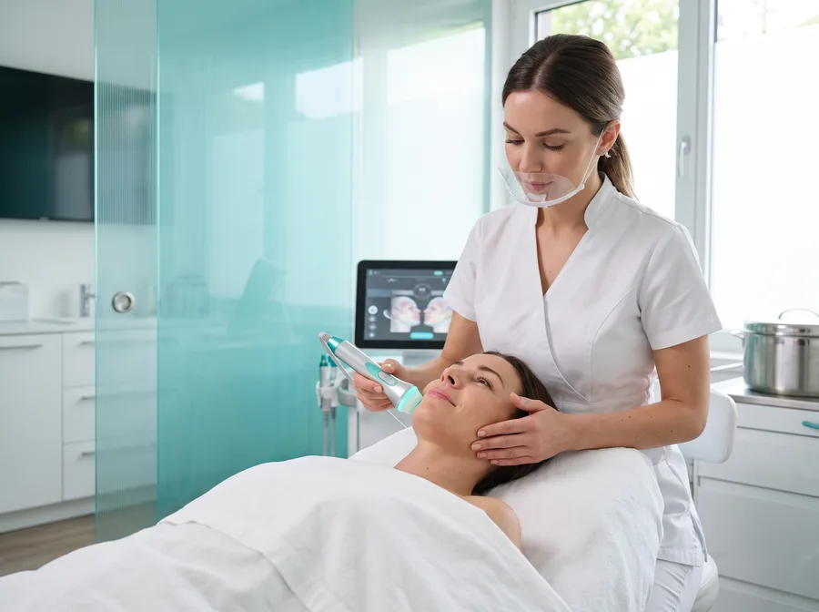 High-tech facial treatment in a teal-accented clinic room