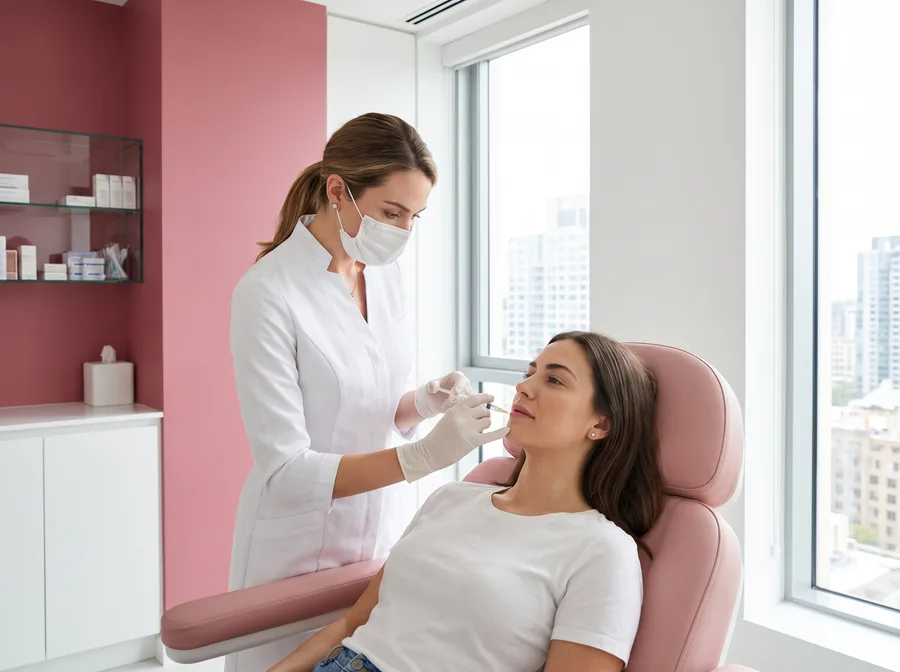 Injector performing a precise lip filler treatment in a rose-accented clinic room