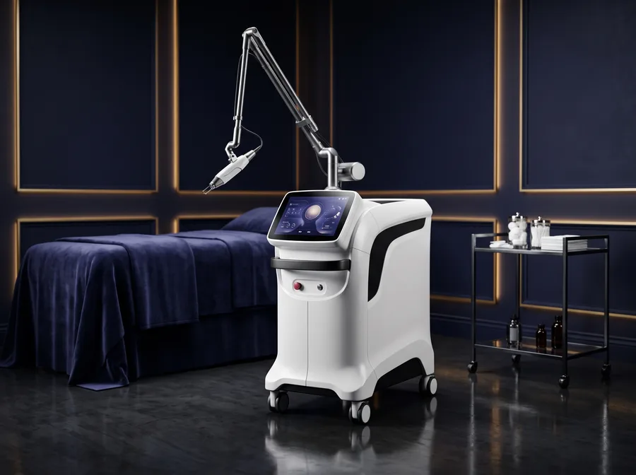 Aesthetic laser platform in a dramatic midnight-indigo room