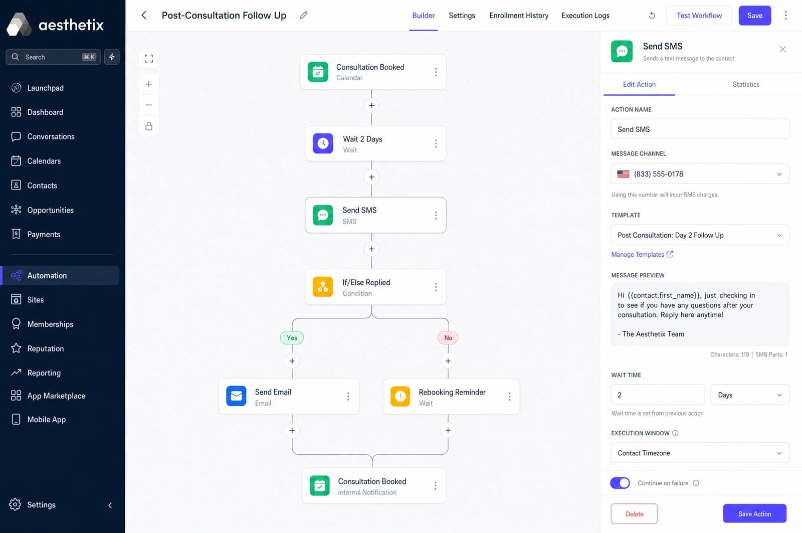 Aesthetix Hub automation builder showing a post-consultation follow-up flow: consultation booked, wait two days, send SMS, wait five days, send email, rebooking reminder