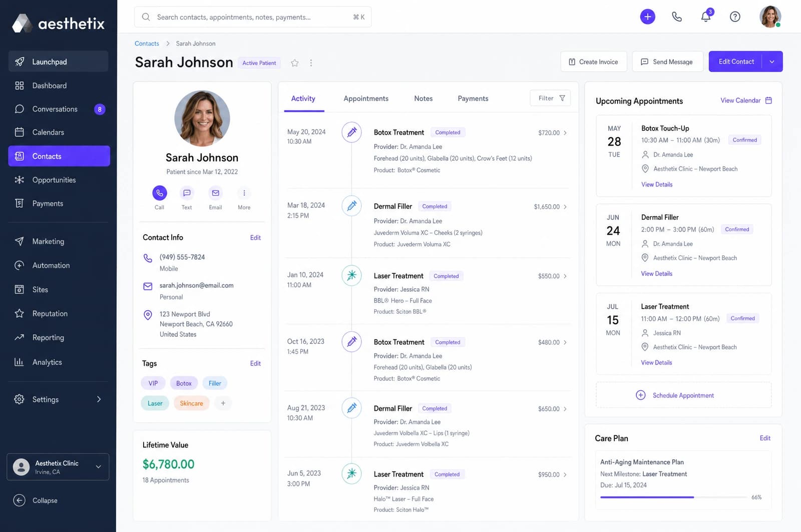 Aesthetix Hub patient record showing treatment history for Botox, filler and laser sessions alongside lifetime value, visits and last-seen stats