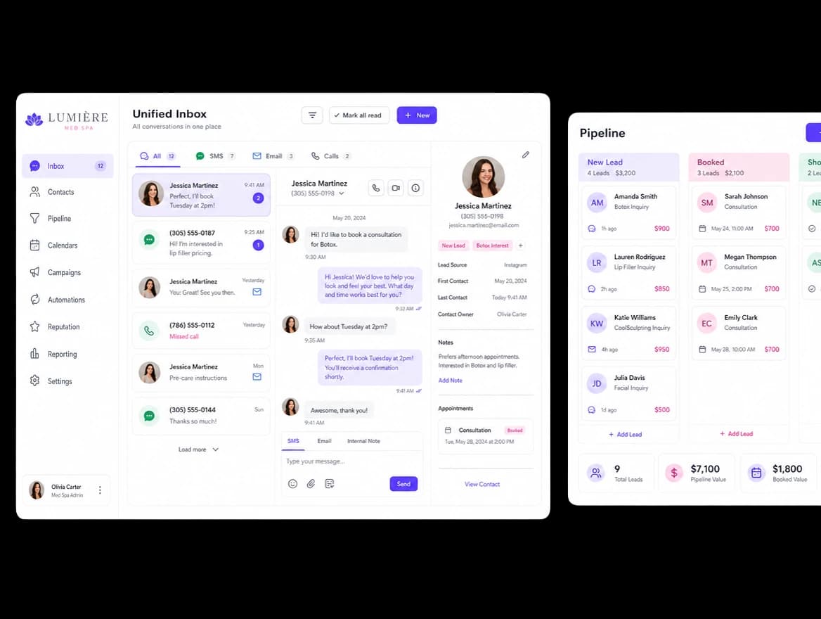 GoHighLevel CRM unified inbox and patient pipeline board