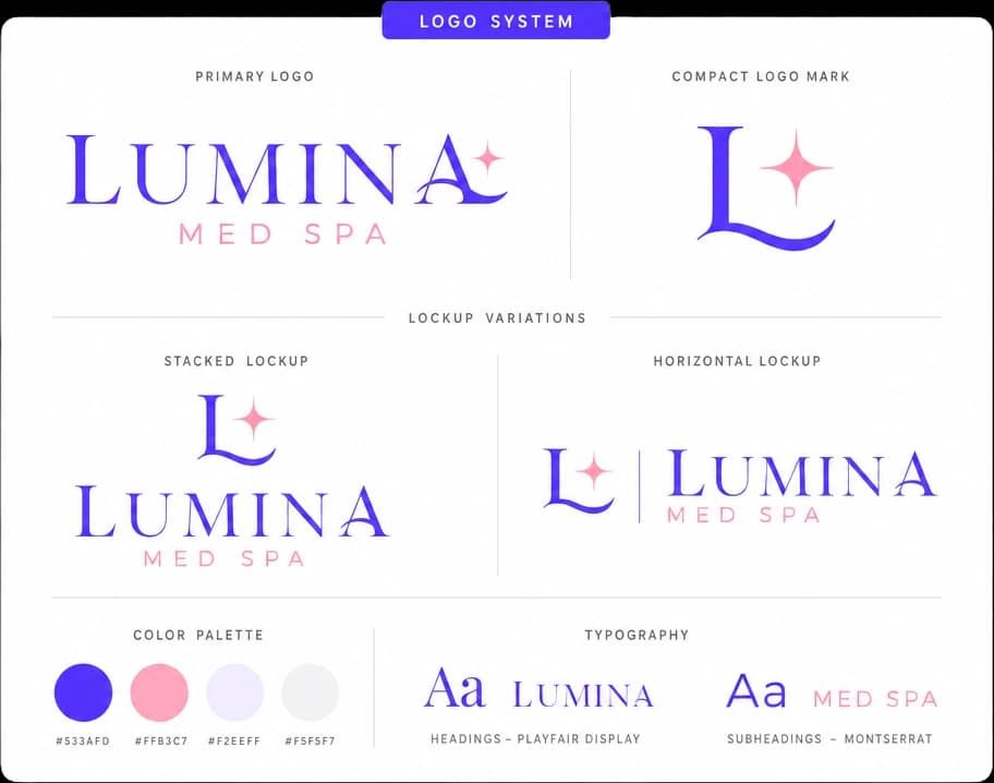 Med spa logo system with primary wordmark, mark and lockups