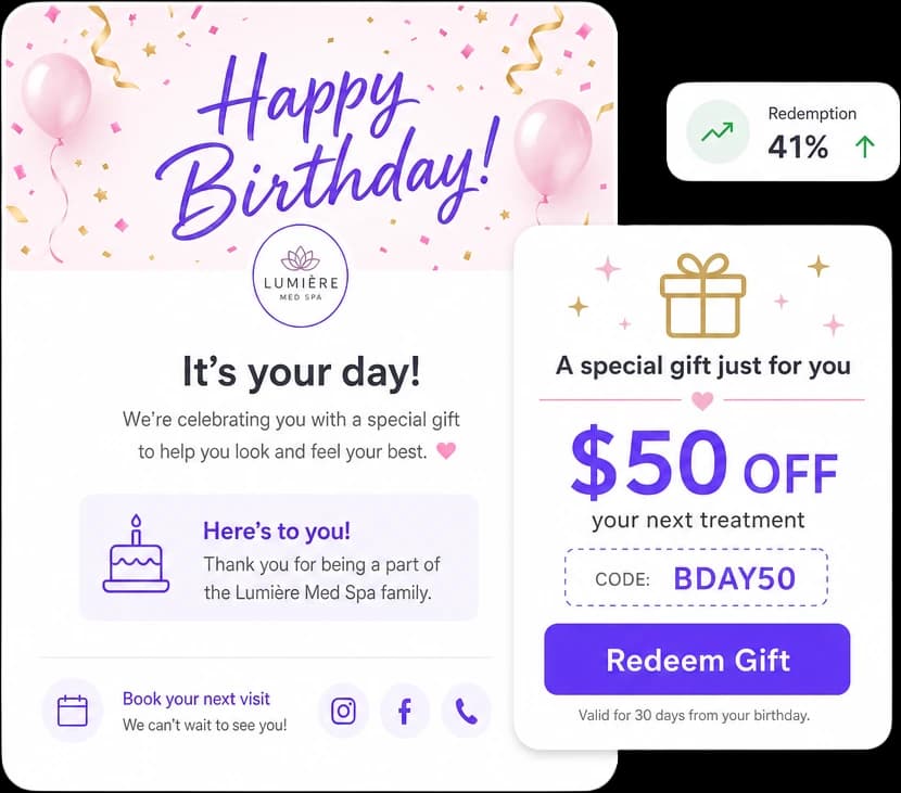 Med spa birthday email with a celebratory gift code and redeem button