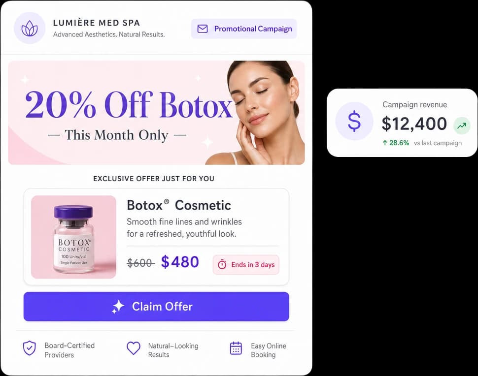 Med spa promotional email with a limited-time treatment offer and countdown