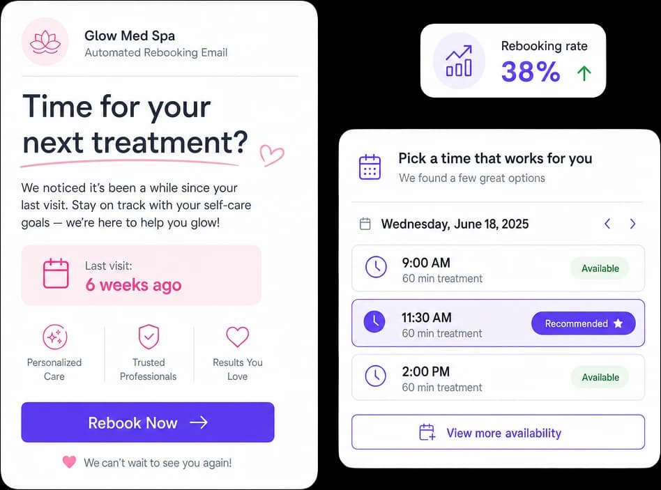 Med spa rebooking reminder email with available appointment slots and a rebook button