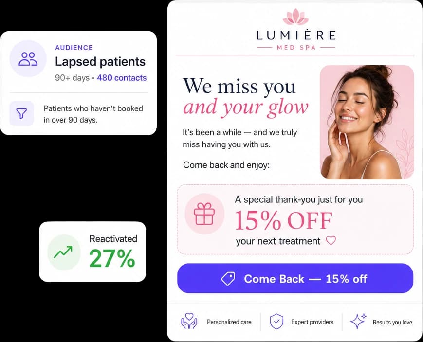 Med spa win-back email targeting lapsed patients with a comeback offer