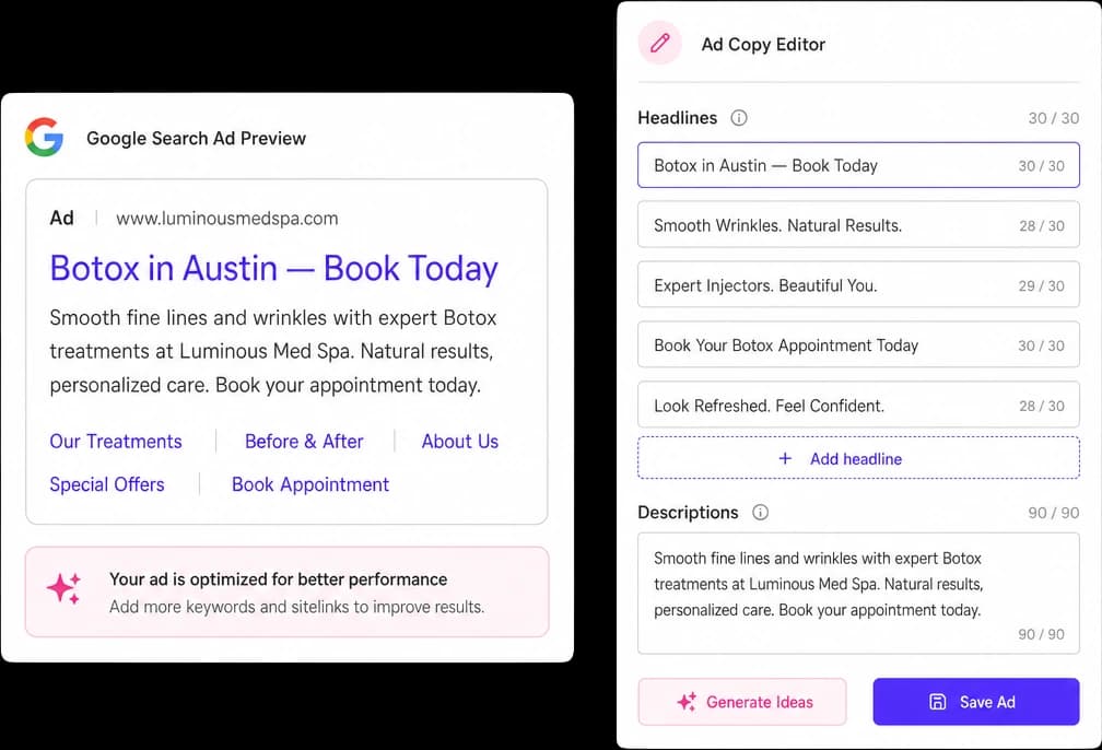 Google search ad preview and ad copy editor for a med spa
