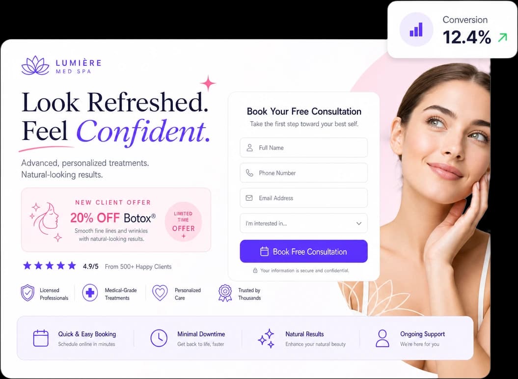 High-converting med spa landing page with lead form