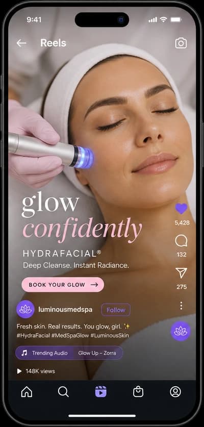 Instagram Reels screen for a med spa with a treatment video and view count