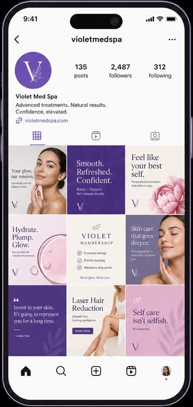 Cohesive on-brand Instagram feed grid of static posts for a med spa