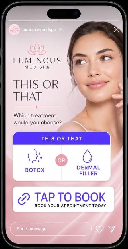 Instagram Stories for a med spa with a poll sticker and Tap to Book link