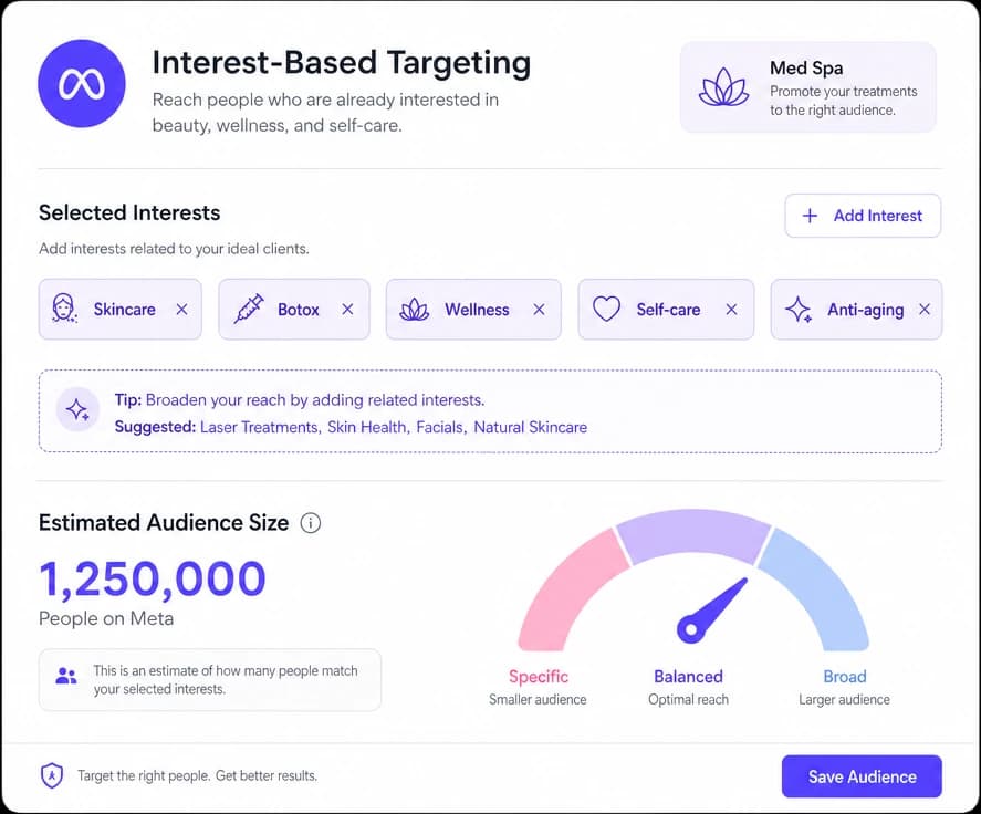 Meta interest-based targeting with skincare and wellness interests