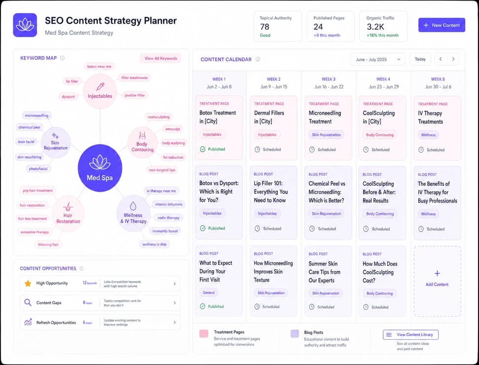 Content cluster diagram showing Botox pillar page connected to supporting articles