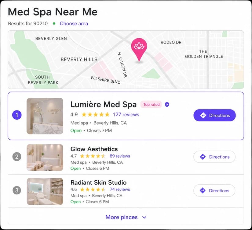 Google Business Profile Map Pack showing a med spa ranking #1 with 4.9 stars