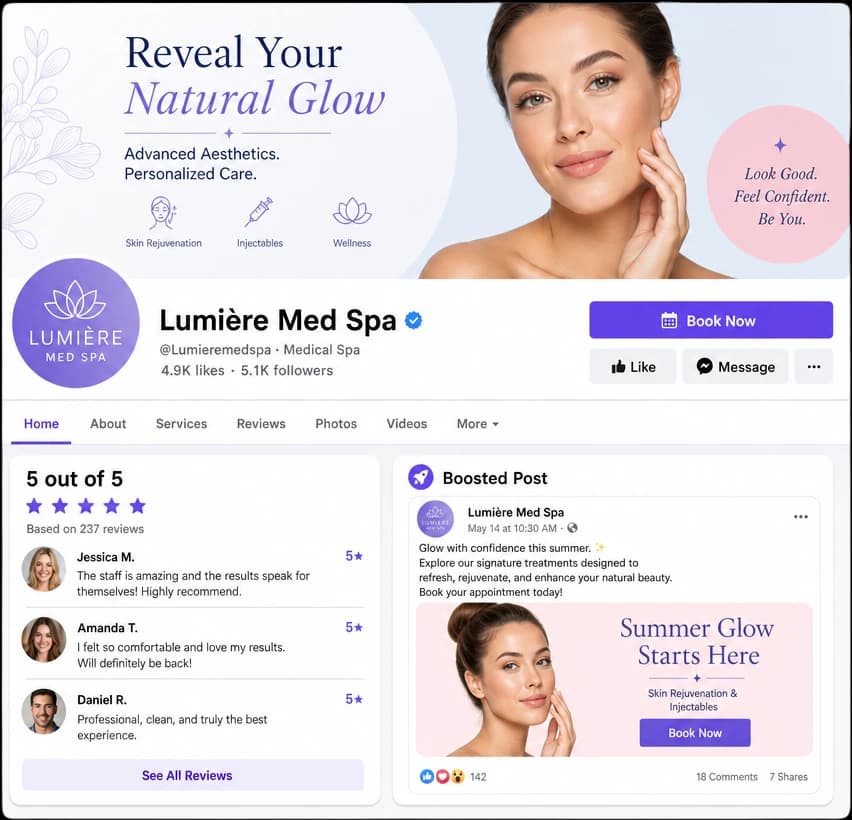 Med spa Facebook business page with reviews and Book Now button