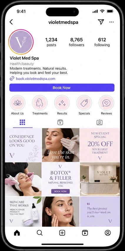 Med spa Instagram business profile with feed grid and Book Now link