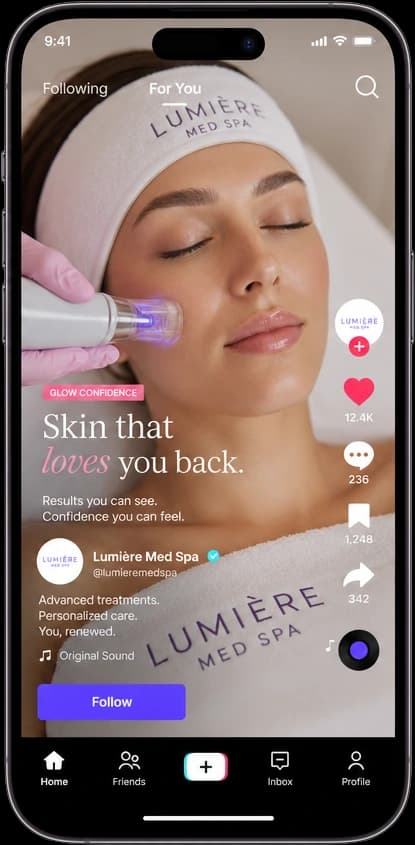 Med spa TikTok For You video with follower and like counts