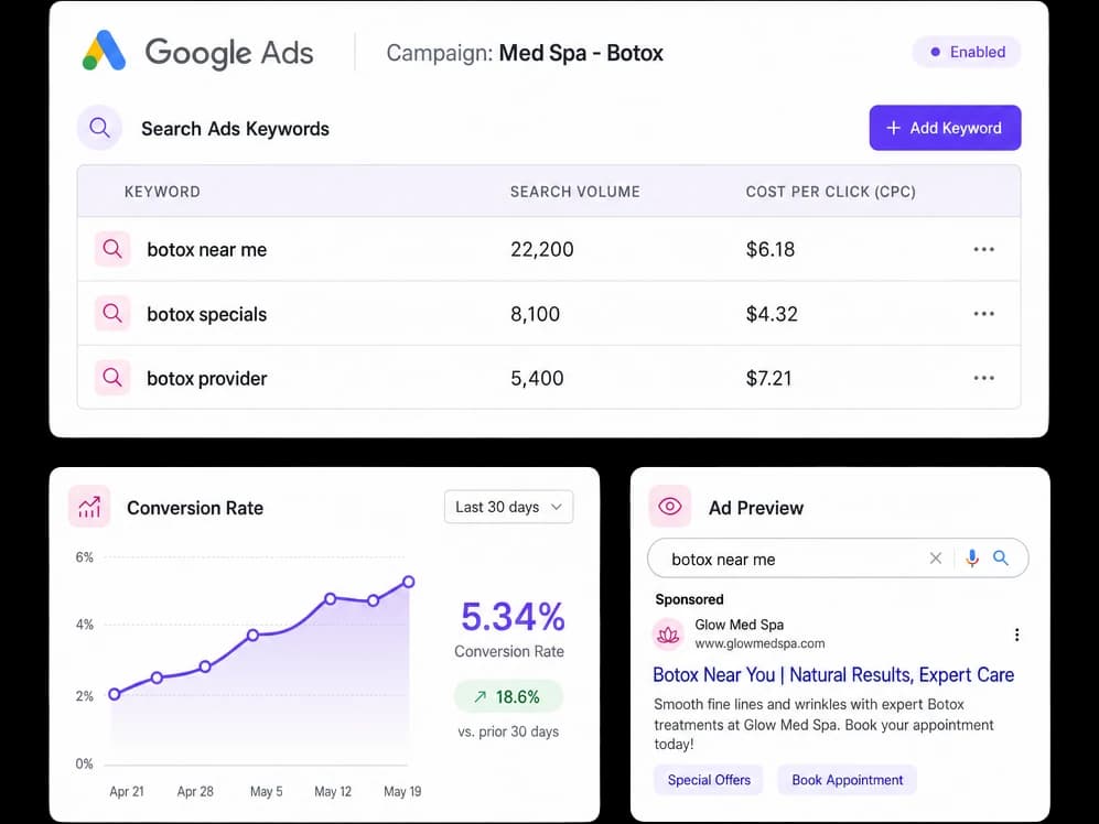 Google Ads keyword dashboard with Botox search terms, cost per click and conversion rate
