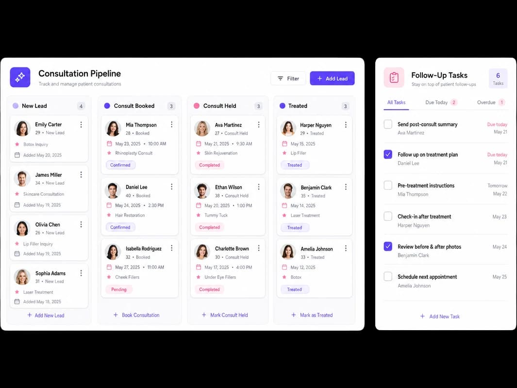Consultation pipeline kanban and follow-up task list