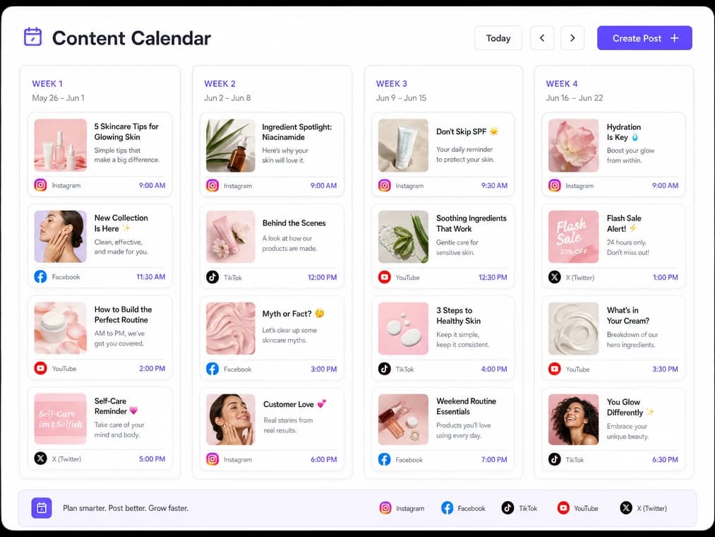 Weekly social content calendar board