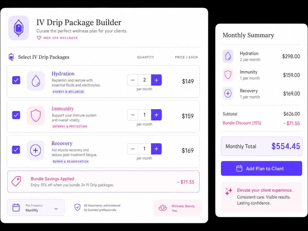 IV therapy package and membership builder