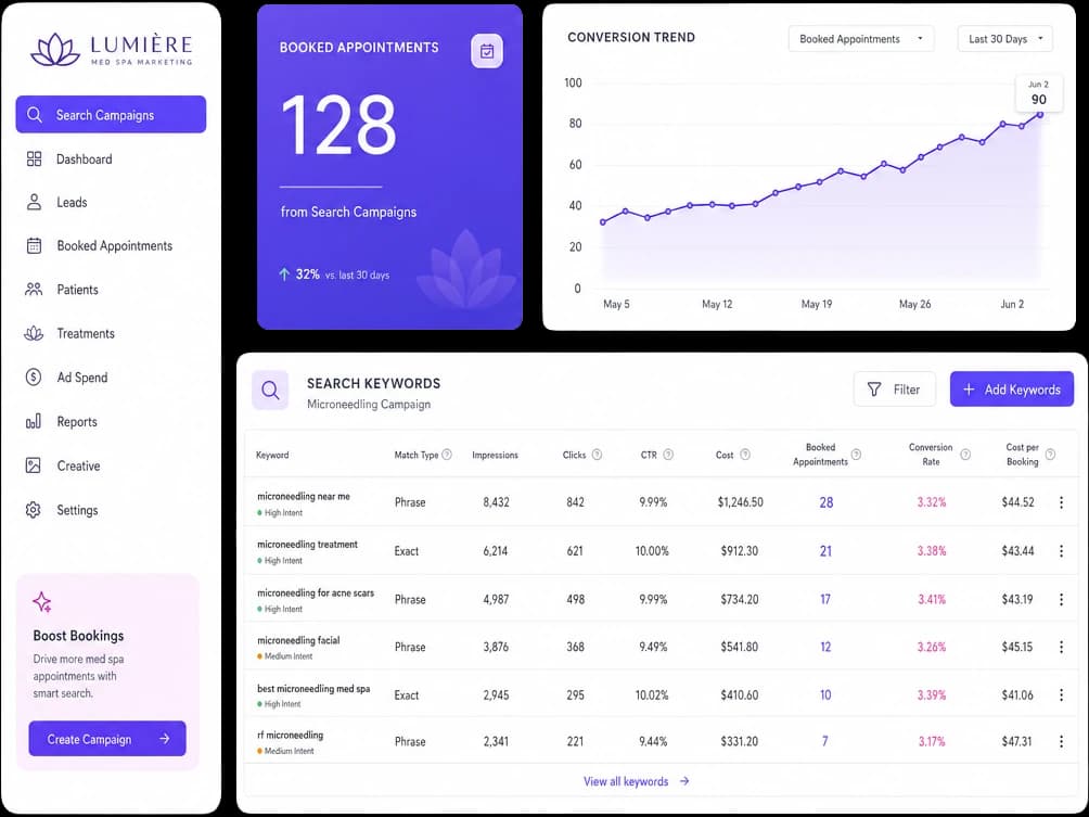 Google Ads dashboard tracking booked microneedling appointments