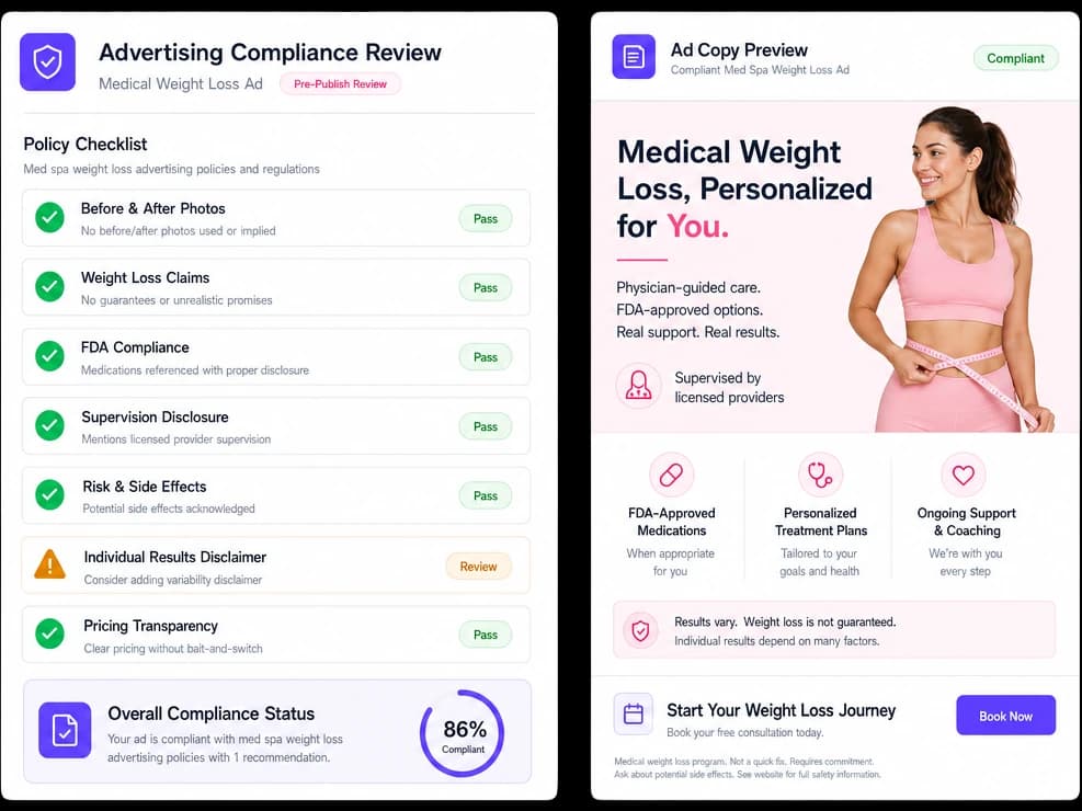Compliant paid advertising review panel for weight loss