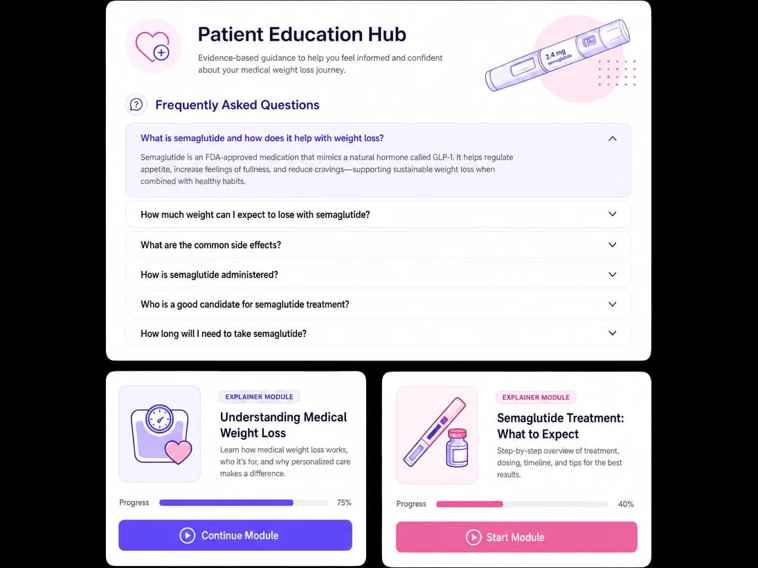 Patient education hub with FAQ and explainer modules
