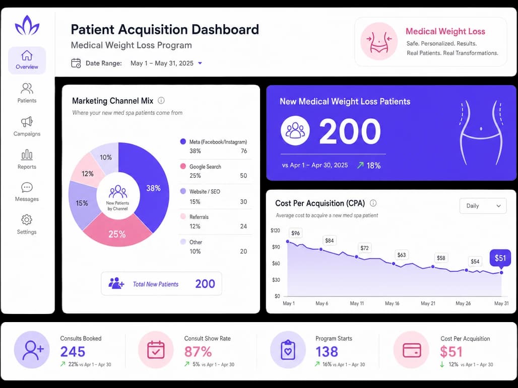Weight loss patient acquisition dashboard with channel mix