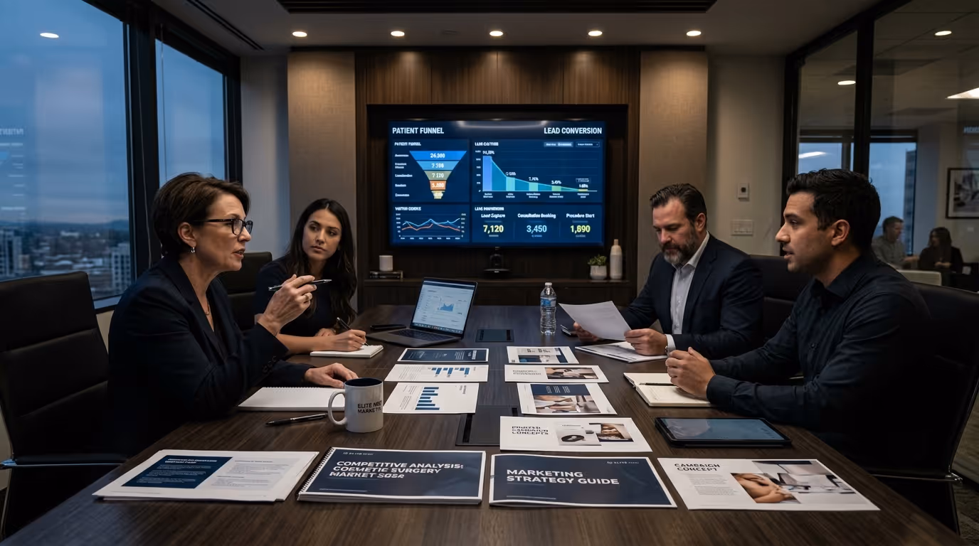 Cosmetic surgery marketing strategy overview with multi-channel patient acquisition funnel and performance dashboard