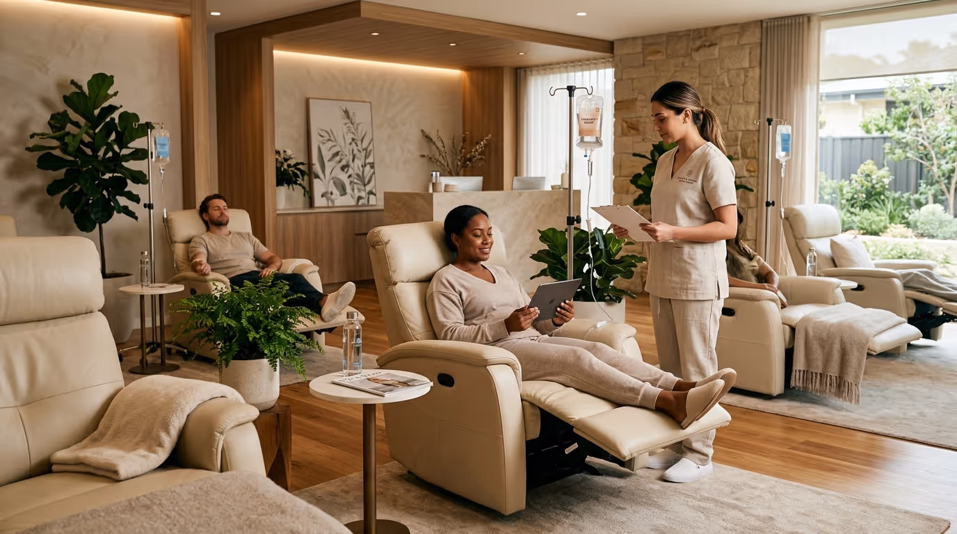 IV therapy lounge with patients receiving drip treatments in a modern med spa setting