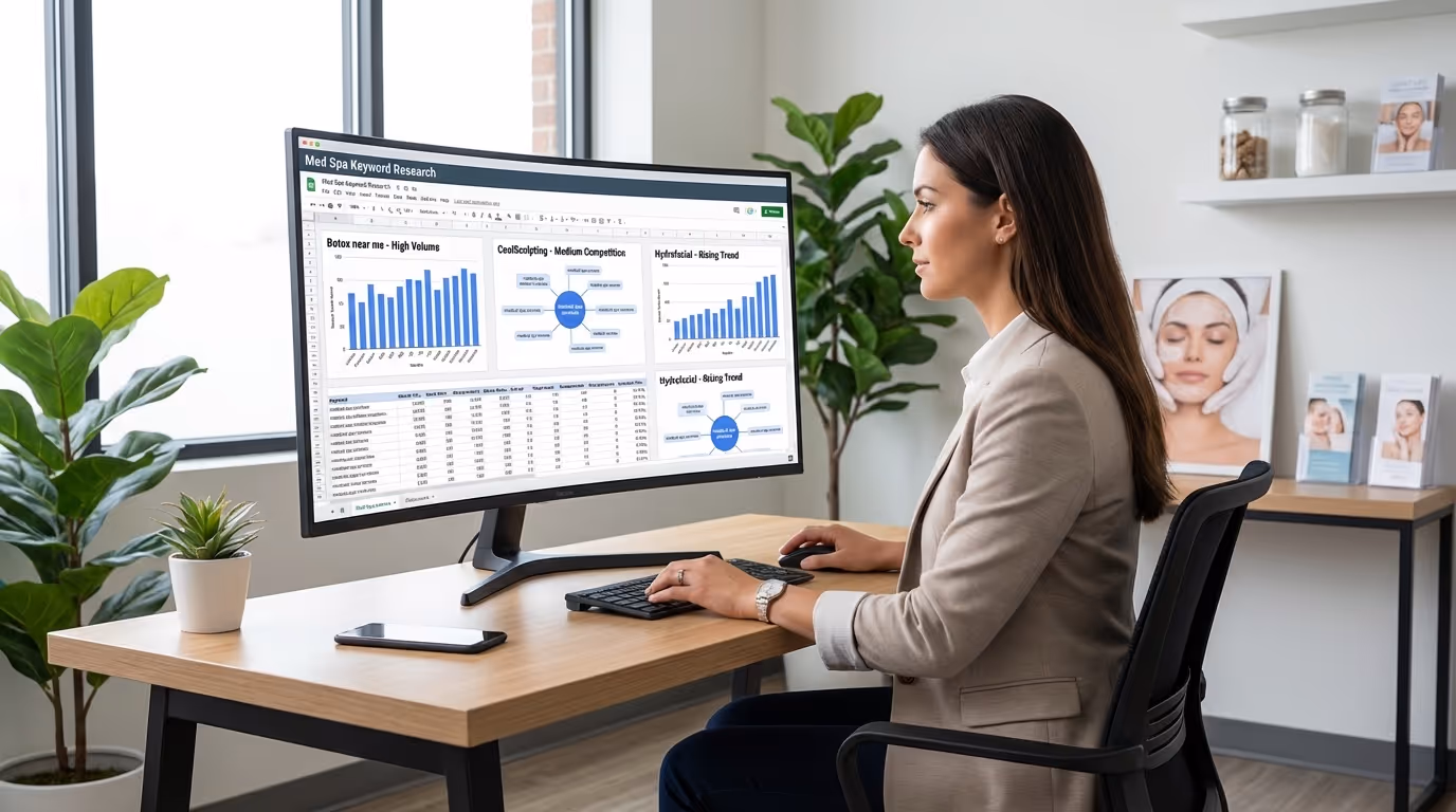 SEO dashboard showing med spa keyword research with search volumes and difficulty scores