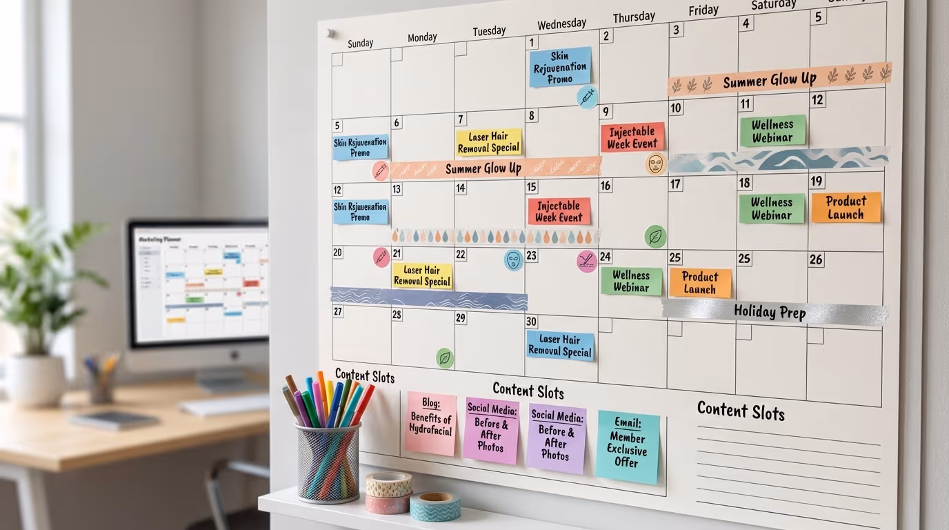 Med spa marketing calendar with seasonal campaign planning on a digital dashboard