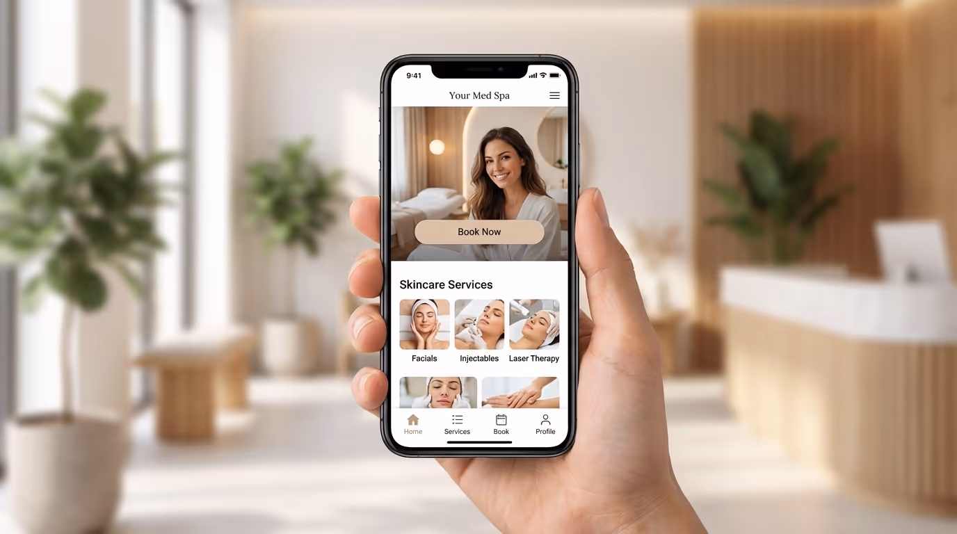 Smartphone displaying a modern med spa website with clean mobile-first design and booking interface