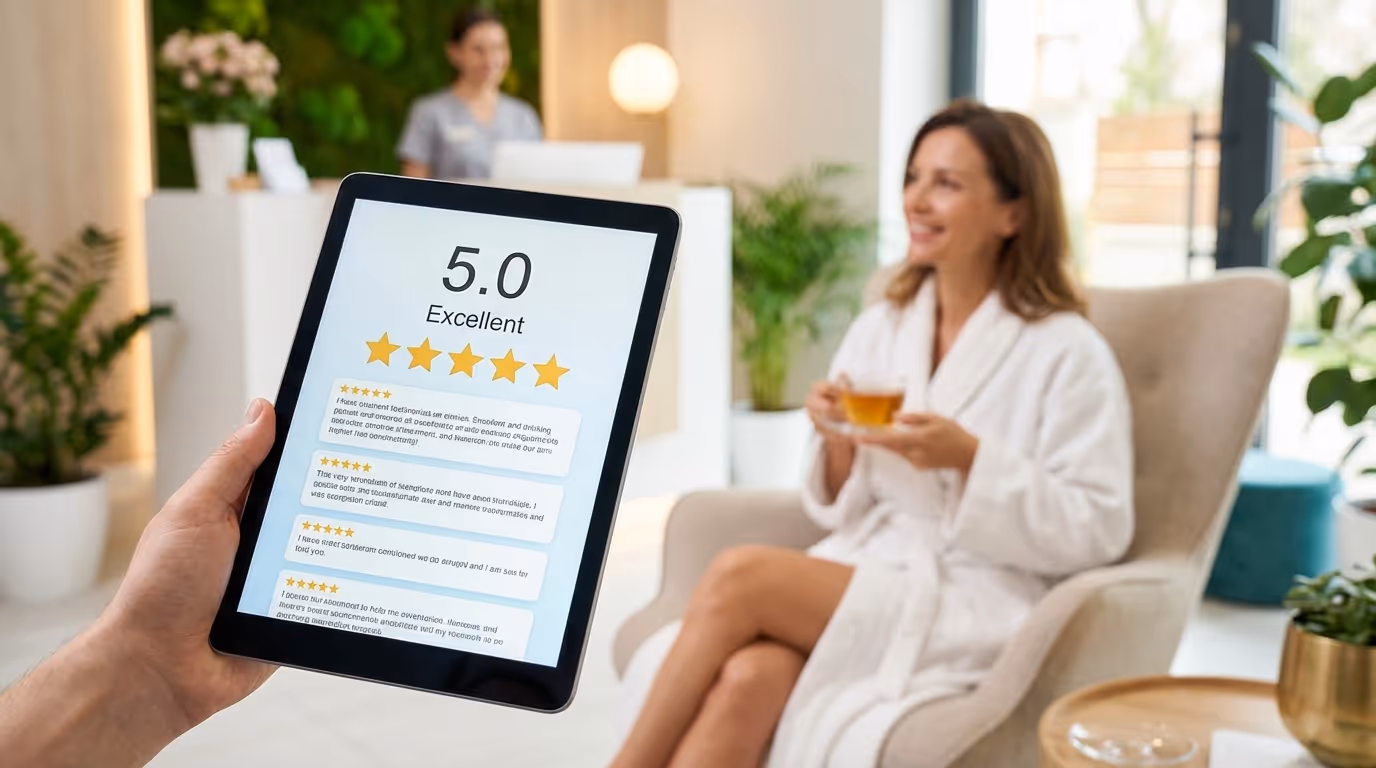 Med spa Google Business Profile showing 5-star reviews and positive patient feedback with high review count