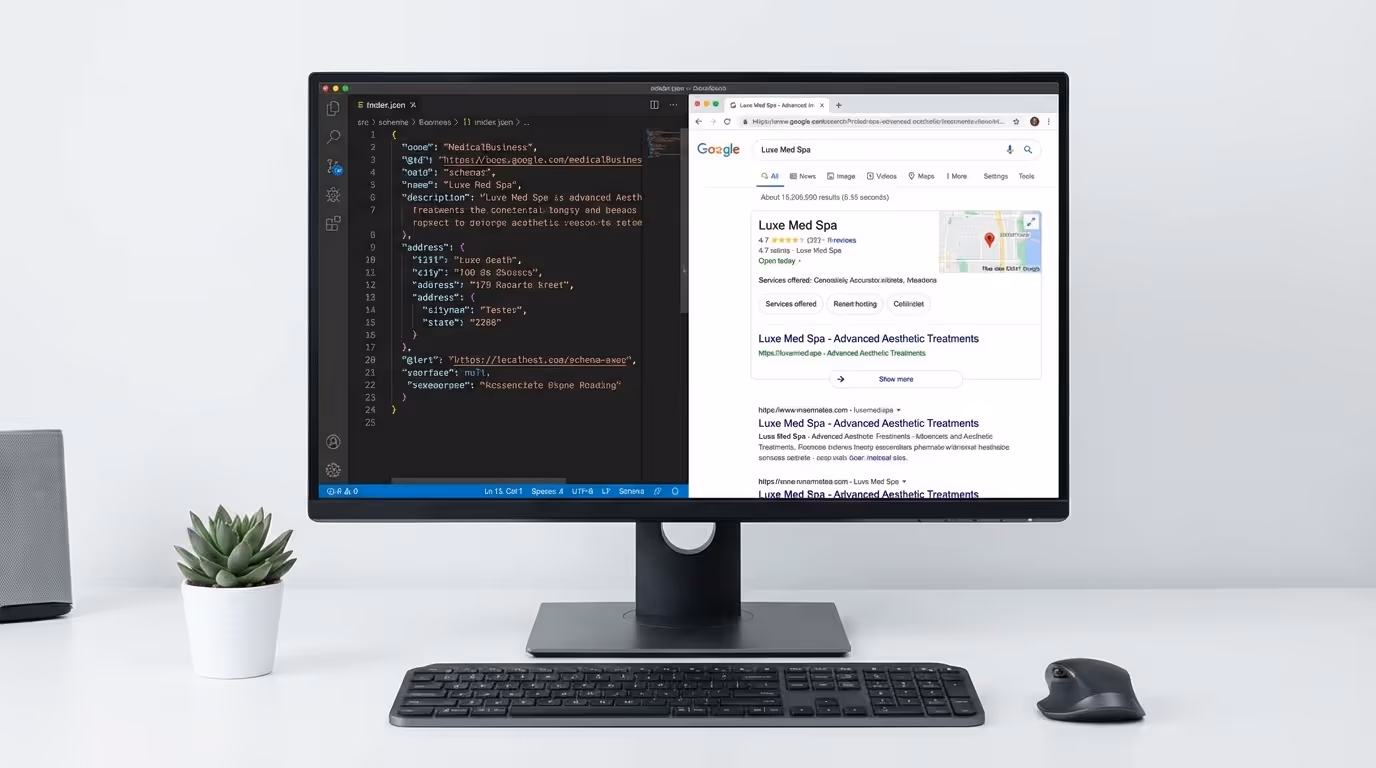 Code editor showing med spa schema markup with Google rich snippet preview