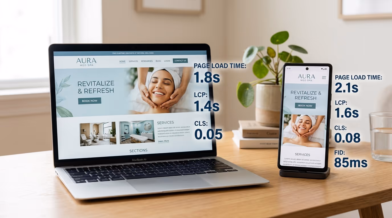 Med spa website performance dashboard showing speed metrics and conversion rates