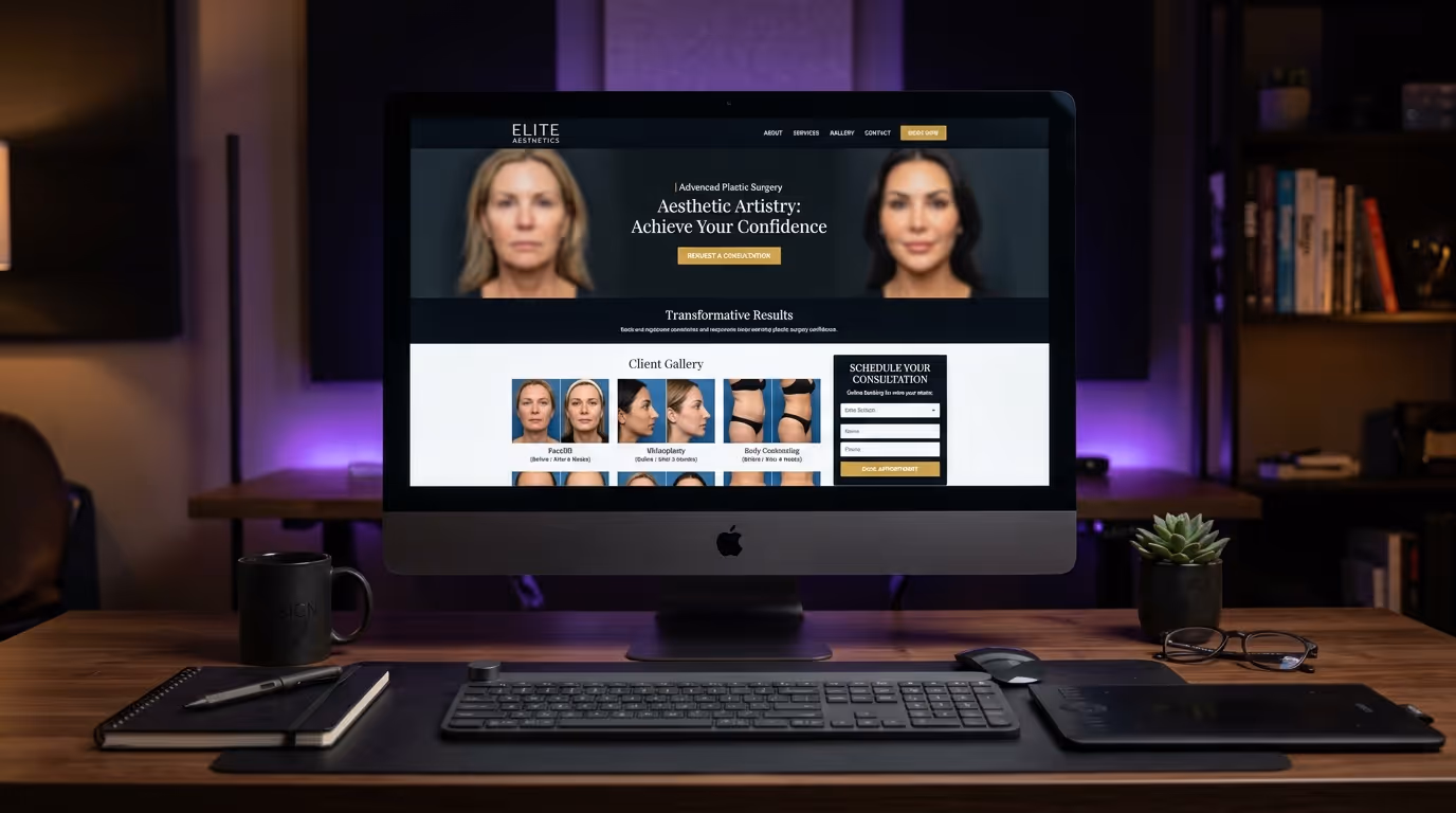 Modern plastic surgery website design mockup showing procedure page with before-and-after gallery and consultation booking form