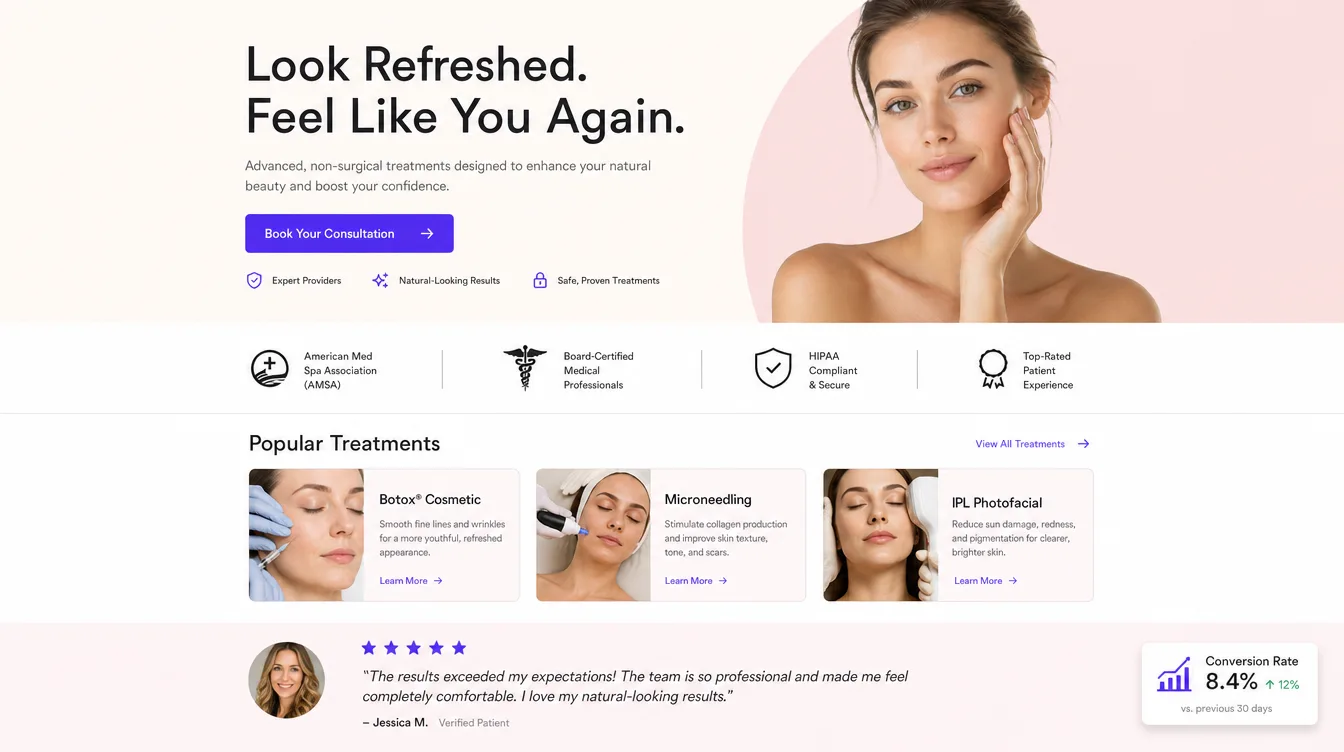 Landing Pages — real med spa example produced by Aesthetix Media