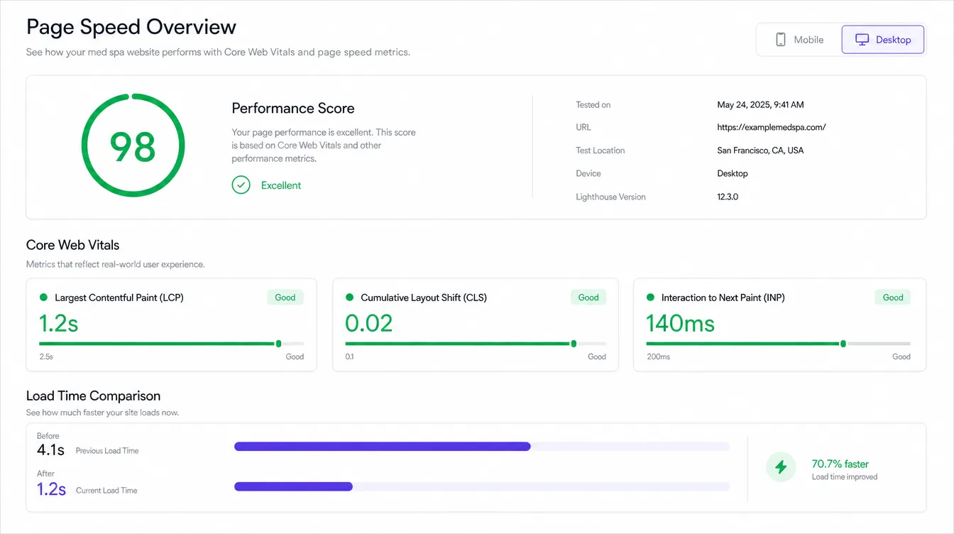 Page Speed — real med spa example produced by Aesthetix Media