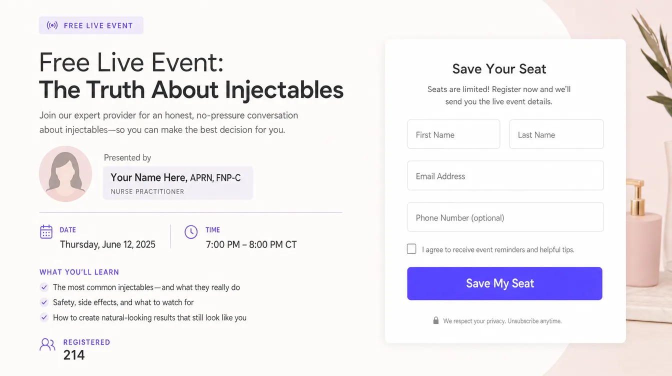 Webinar / Event Funnel — real med spa example produced by Aesthetix Media