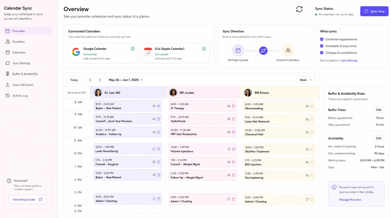 Calendar Sync & Provider Management — real med spa example produced by Aesthetix Media