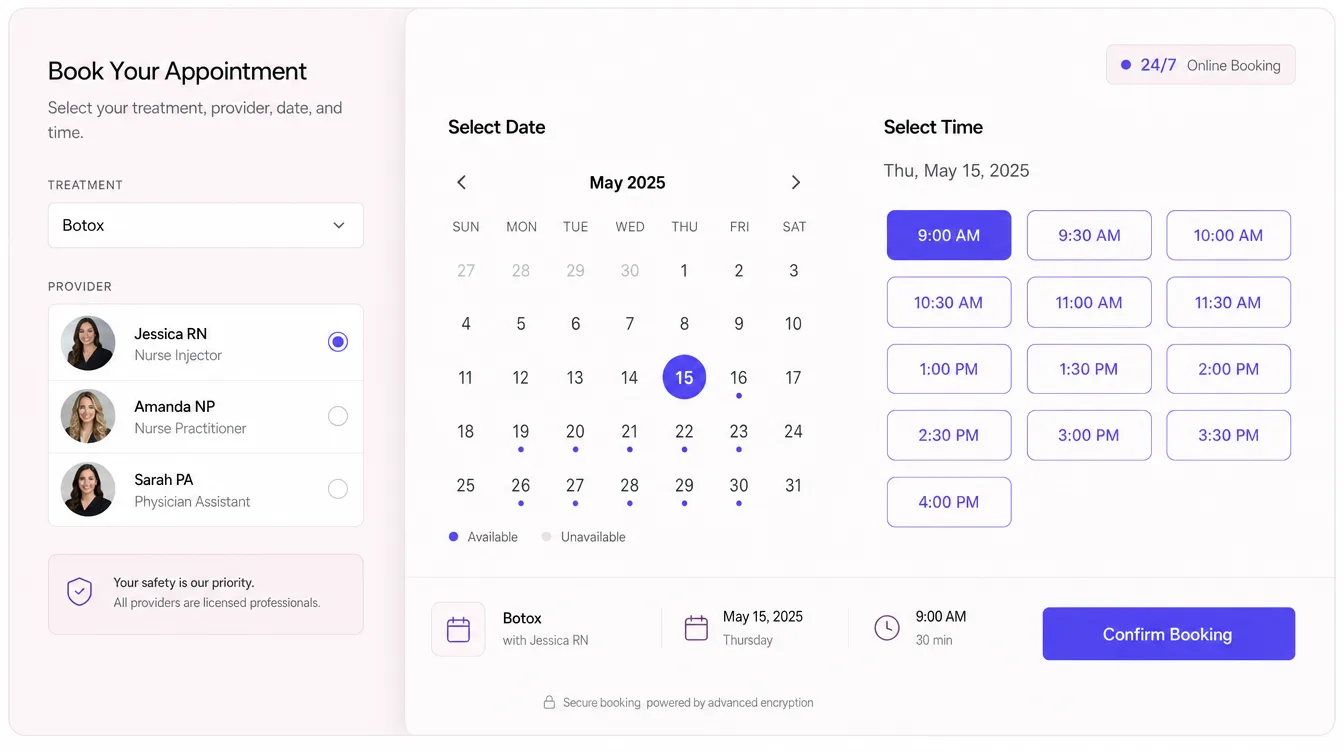 Online Booking Widget — real med spa example produced by Aesthetix Media